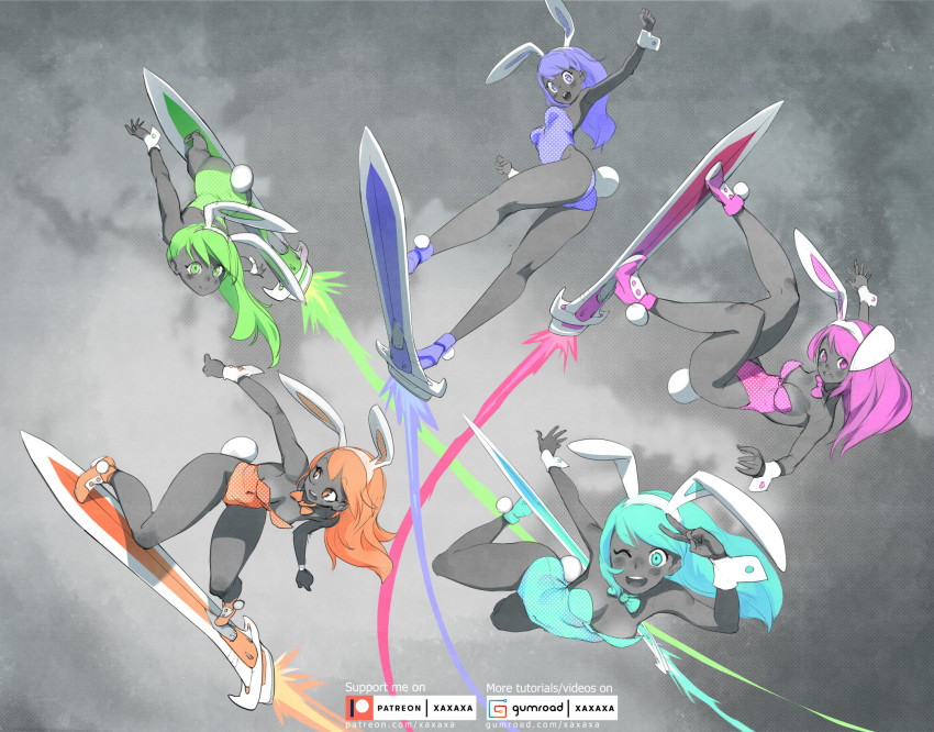 5girls ankle_boots aqua_eyes aqua_hair aqua_leotard ass boots breasts cleavage cosplay daicon daicon_bunny_girl daicon_bunny_girl_(cosplay) daicon_iv detached_collar fake_tail floating_sword full_body green_eyes green_hair green_leotard high_heel_boots high_heels highleg highleg_leotard highres leotard light_trail long_hair long_legs medium_breasts multiple_girls multiple_persona multiple_swords orange_eyes orange_hair orange_leotard pink_eyes pink_hair pink_leotard playboy_bunny purple_eyes purple_hair purple_leotard rabbit_tail science_fiction spot_color strapless strapless_leotard sword_surfing tail wrist_cuffs xaxaxa