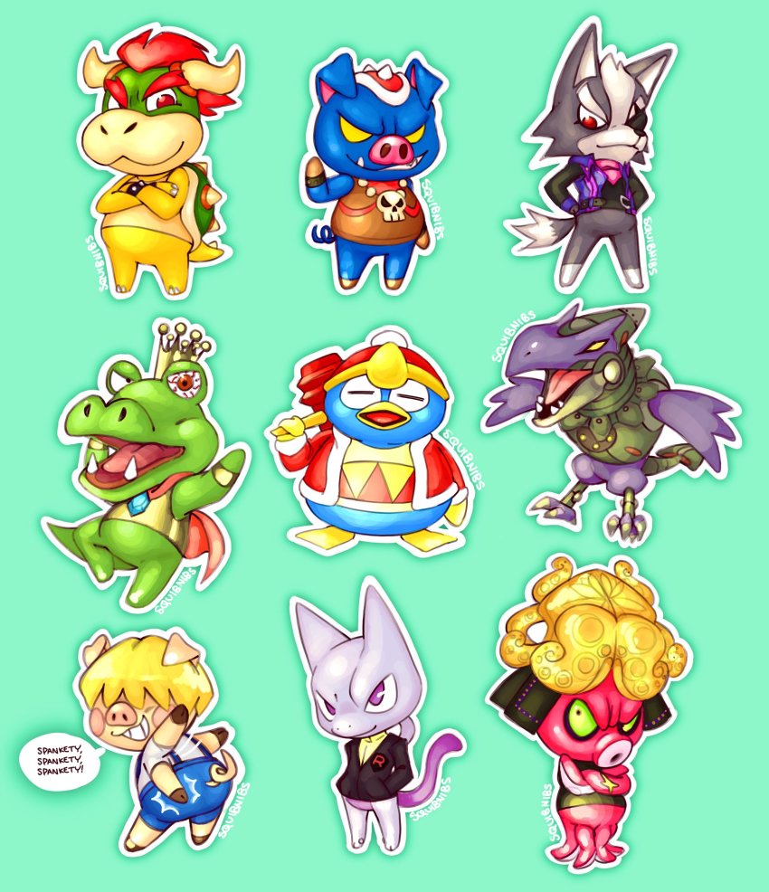 animal_crossing bowser clothed_pokemon crossover crown dj_octavio donkey_kong_(series) donkey_kong_country english_text formal_clothes ganon gen_1_pokemon green_eyes highres king_dedede king_k._rool kirby_(series) legendary_pokemon mario_(series) meta_ridley metroid metroid_prime_1 mewtwo mother_(series) multiple_crossover nintendo pokemon pokemon_(creature) porky_minch purple_eyes red_eyes ridley splatoon_(series) star_fox suit super_mario_bros._1 the_legend_of_zelda trait_connection wolf_o&#039;donnell yellow_eyes