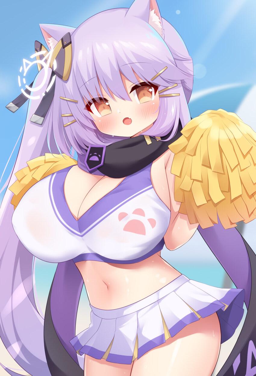 1girl :o animal_ear_fluff animal_ears black_scarf blush breasts brown_eyes cheerleader cleavage commentary_request crop_top hair_between_eyes hair_ornament hair_ribbon hairclip highres holding holding_pom_poms indie_virtual_youtuber kuro_kazuki large_breasts long_hair looking_at_viewer navel outdoors pom_pom_(cheerleading) pom_poms purple_eyes purple_scarf purple_shirt purple_skirt ribbon scarf shirt skirt solo standing thighs two-tone_scarf very_long_hair virtual_youtuber yuu_(yumezakura)