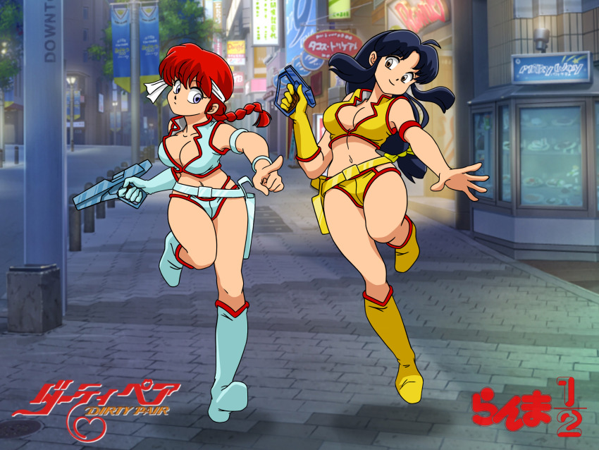 2girls bad_id bad_pixiv_id belt boots braid breasts cleavage cleavage_cutout clothing_cutout cosplay crop_top dirty_pair genderswap genderswap_(mtf) gloves gun headband highres jumping kei_(dirty_pair) kei_(dirty_pair)_(cosplay) long_hair medium_breasts moechiki multiple_girls navel ranma-chan ranma_1/2 saotome_ranma single_braid single_glove tendou_akane weapon yuri_(dirty_pair) yuri_(dirty_pair)_(cosplay)