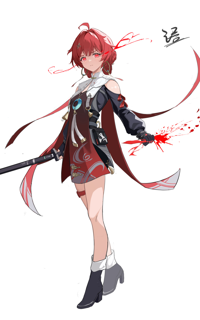 1girl absurdres ahoge bare_legs black_boots blood_sword blush body_markings boots braid breasts chinese_commentary clothing_cutout commentary crescent crescent_necklace crossed_legs danjin_(wuthering_waves) dual_wielding earrings fengshengruyu folded_braid full_body furrowed_brow glowing glowing_eyes hair_intakes hemokinesis highres holding holding_sword holding_weapon hoop_earrings jade_(gemstone) jewelry looking_at_viewer necklace ofuda_earrings print_tabard red_eyes red_hair red_tabard sheath sheathed shoulder_cutout signature simple_background small_breasts solo standing sword tabard tacet_mark_(wuthering_waves) tachi-e thigh_strap twin_braids watson_cross weapon white_background wuthering_waves