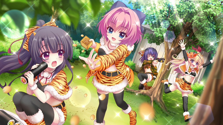 4girls :d aiming alternate_hairstyle animal_print aqua_eyes arms_up bead_necklace beads belt bikini bikini_top_only black_belt black_hair black_sleeves black_thighhighs blonde_hair blue_eyes blue_hair blurry blurry_foreground boots bow breasts bush camouflage camouflage_jacket capelet cleavage crop_top day detached_sleeves dot_nose dutch_angle ehoumaki film_grain firing fleeing food fur-trimmed_capelet fur-trimmed_jacket fur-trimmed_sleeves fur_trim game_cg grass gun hair_bow hair_intakes hair_up hasegawa_mii high_ponytail hiiragi_kae holding holding_gun holding_weapon honjou_kasumi ichikishima_mizuha izumi_tsubasu jacket jewelry large_bow large_breasts lens_flare long_hair long_sleeves makizushi mamemaki mask mask_on_head masu matching_outfits medium_hair midriff multiple_girls navel necklace non-circular_lens_flare non-web_source official_art on_one_knee one_eye_closed oni_mask open_clothes open_jacket open_mouth outdoors outstretched_arm pink_hair pom_pom_(clothes) ponytail print_bikini print_bow print_capelet print_footwear print_skirt purple_bow purple_eyes re:stage! running setsubun shed short_hair skirt small_breasts smile sparkle sparkling_eyes squatting standing standing_on_one_leg sunlight sushi swimsuit thighhighs throwing tiger_print tree weapon yellow_bikini yellow_boots yellow_bow yellow_capelet yellow_jacket yellow_skirt