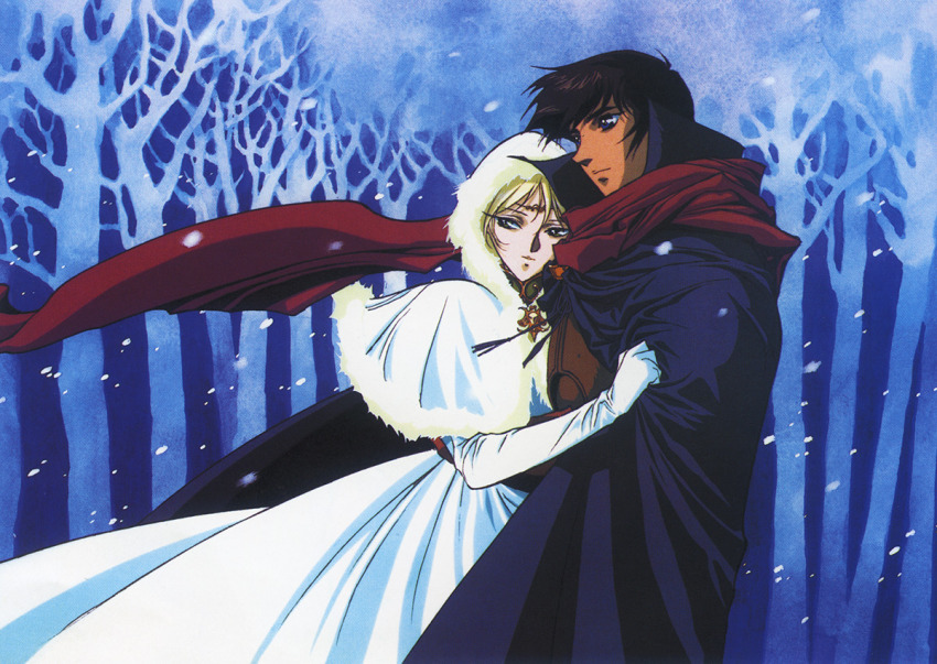 1990s_(style) 1boy 1girl blonde_hair cloak deedlit dress elbow_gloves forest gloves hood hood_up hug nature official_art outdoors parn_(lodoss) record_of_lodoss_war red_neckwear retro_artstyle scan scarf snowing white_dress
