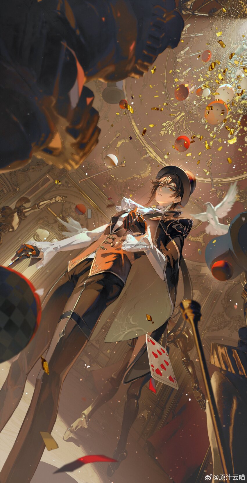 1boy absurdres alternate_costume brown_hat candy candy_cane cane floating_card food genshin_impact hat heart_card highres holding holding_candy holding_candy_cane holding_food mannequin yunmaojan zhongli_(genshin_impact)