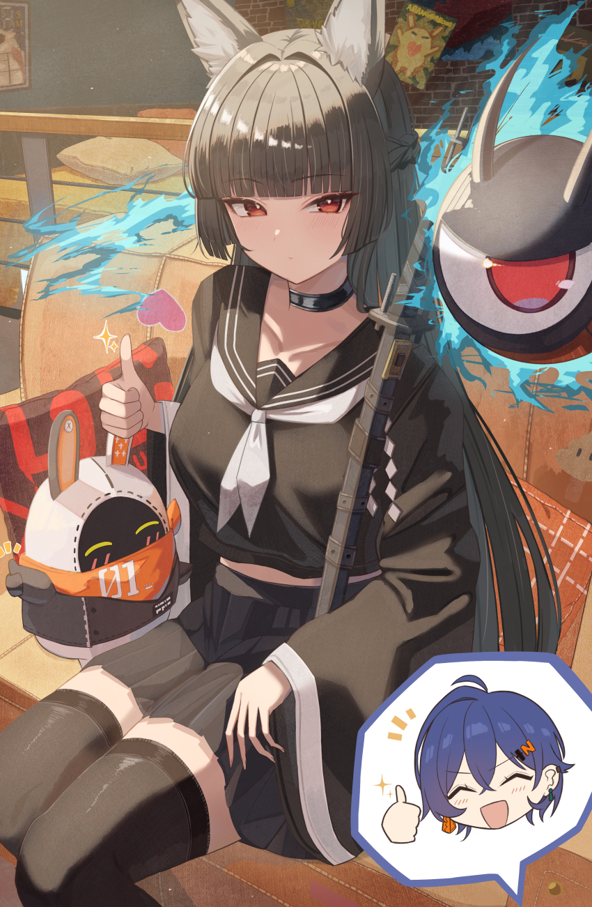 2girls absurdres alternate_costume animal_ears bangboo_(zenless_zone_zero) belle_(zenless_zone_zero) black_choker black_serafuku black_skirt black_thighhighs choker eous_(zenless_zone_zero) fox_ears fox_girl hanma_amnah highres hoshimi_miyabi looking_at_viewer multiple_girls neckerchief school_uniform serafuku skirt tailless_(zenless_zone_zero) thighhighs thumbs_up white_neckerchief zenless_zone_zero zettai_ryouiki
