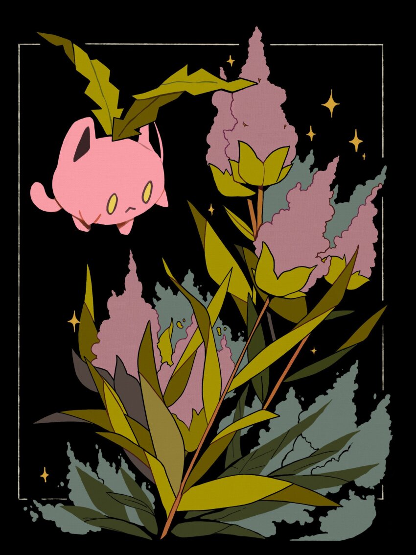 :&lt; floating flower flying gen_2_pokemon grass highres hoppip lilac nintendo no_humans outdoors pink_flower pokemon pokemon_(creature) tiki_(tikivt) yellow_eyes