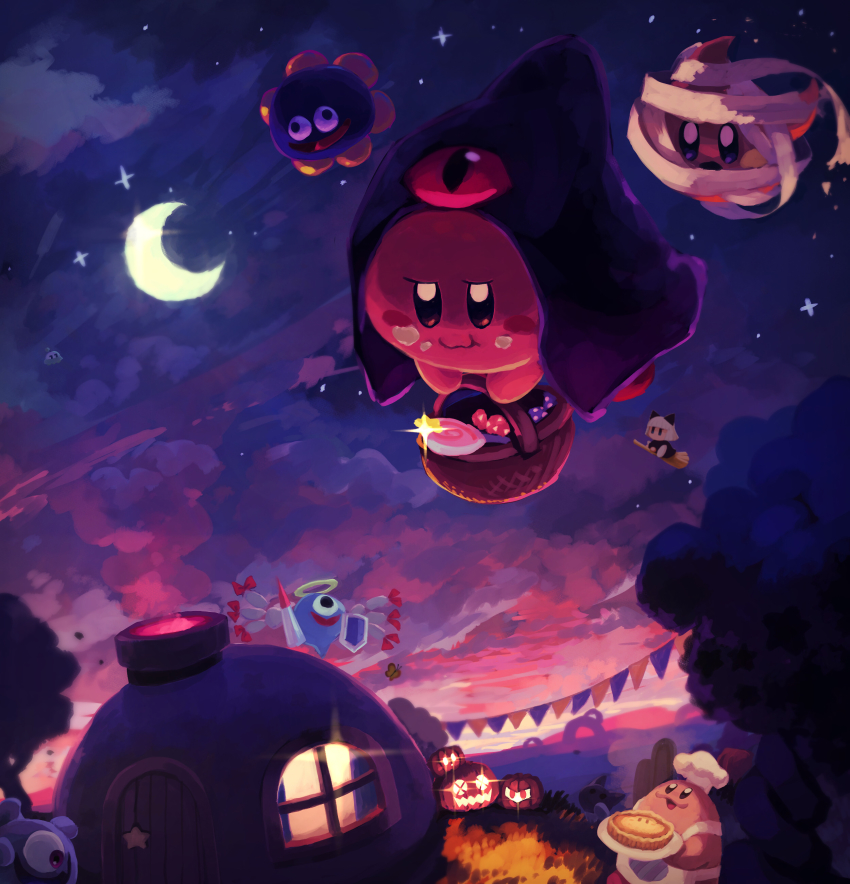 absurdres apron bandages basket broom broom_riding chef_hat chef_kawasaki cloud cloudy_sky cosplay flag flying food forest gooey_(kirby) hat highres hood hoodie house keke_(kirby) kirby kirby_(series) light looking_at_viewer moon nature nintendo outdoors pie pumpkin scarfy scenery sky smirk smoke star_(sky) starry_sky sunset suyasuyabi window zero_two_(kirby)_(cosplay)