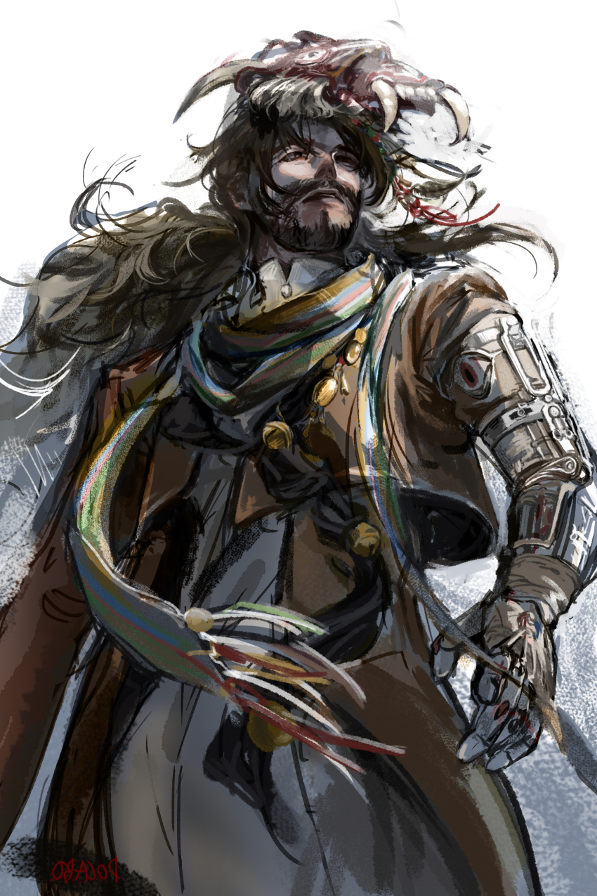 1boy absurdres beard bell brown_coat brown_eyes brown_hair coat cowboy_shot docabo11 facial_hair feather_hair_ornament feathers full_beard hair_ornament highres jewelry korean_commentary long_hair long_sleeves looking_up male_focus mask mask_on_head mechanical_arms multicolored_scarf necklace parted_lips prosthesis prosthetic_arm reverse:1999 robe scarf shamane simple_background single_mechanical_arm solo white_background white_robe