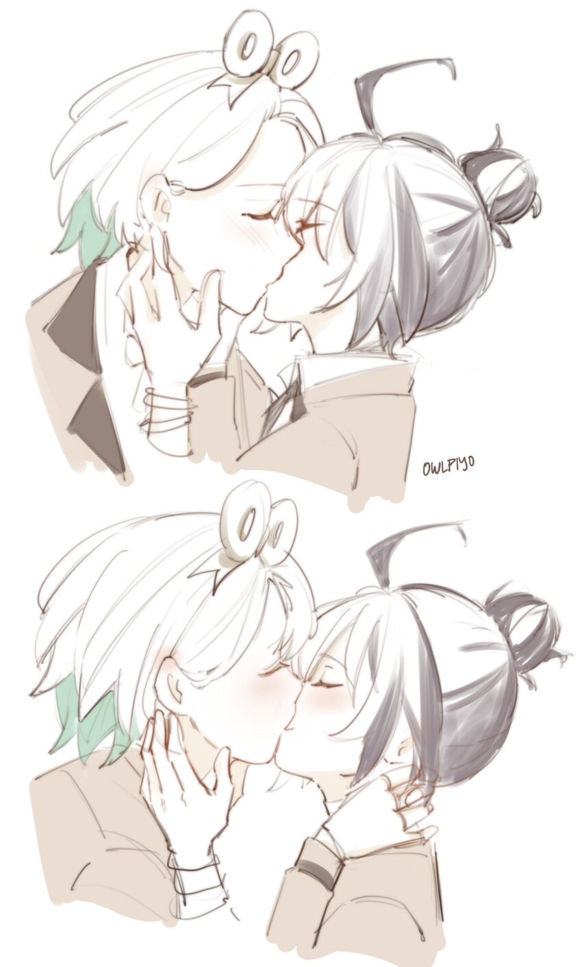 2girls blush brown_hair brown_jacket cecilia_immergreen closed_eyes collared_shirt colored_inner_hair commentary doll_joints english_commentary gigi_murin green_hair hair_bun highres hololive hololive_english jacket joints kiss multicolored_hair multiple_girls owlpiyo school_uniform shirt simple_background virtual_youtuber white_background white_hair winding_key yuri