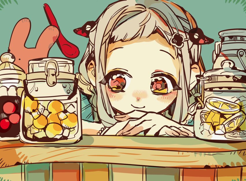 1girl against_table aqua_background close-up closed_mouth counter food fruit grey_hair hanoyuta head_rest jar jibaku_shounen_hanako-kun leaning_forward lemon lemon_slice mason_jar mokke_(jibaku_shounen_hanako-kun) mushroom official_art own_hands_together portrait prehensile_ears raised_eyebrows shirt short_bangs sideways_glance smile solo straight-on yashiro_nene