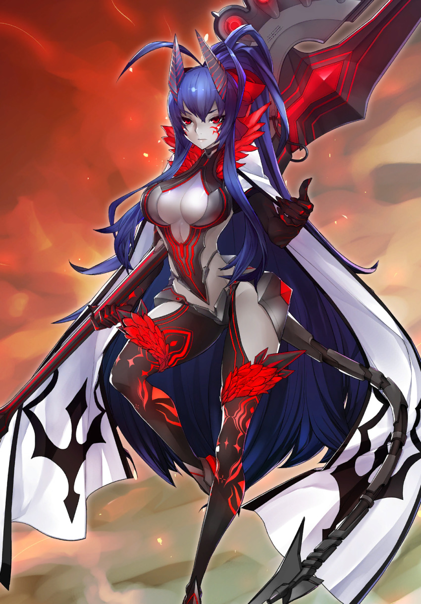 1girl ahoge another_dark_mai antenna_hair artist_request axe backless_outfit black_pants blazblue blazblue_alternative:_dark_war blue_hair bow breasts cape cleavage colored_skin dark_persona facial_tattoo grey_skin halterneck halterneck highres holding holding_polearm holding_spear holding_weapon horns large_breasts long_hair lowleg lowleg_pants mai_natsume mechanical_tail official_art outseal pants polearm ponytail red_bow red_eyes revealing_clothes serious solo spear tail tattoo transparent_background very_long_hair weapon white_cape