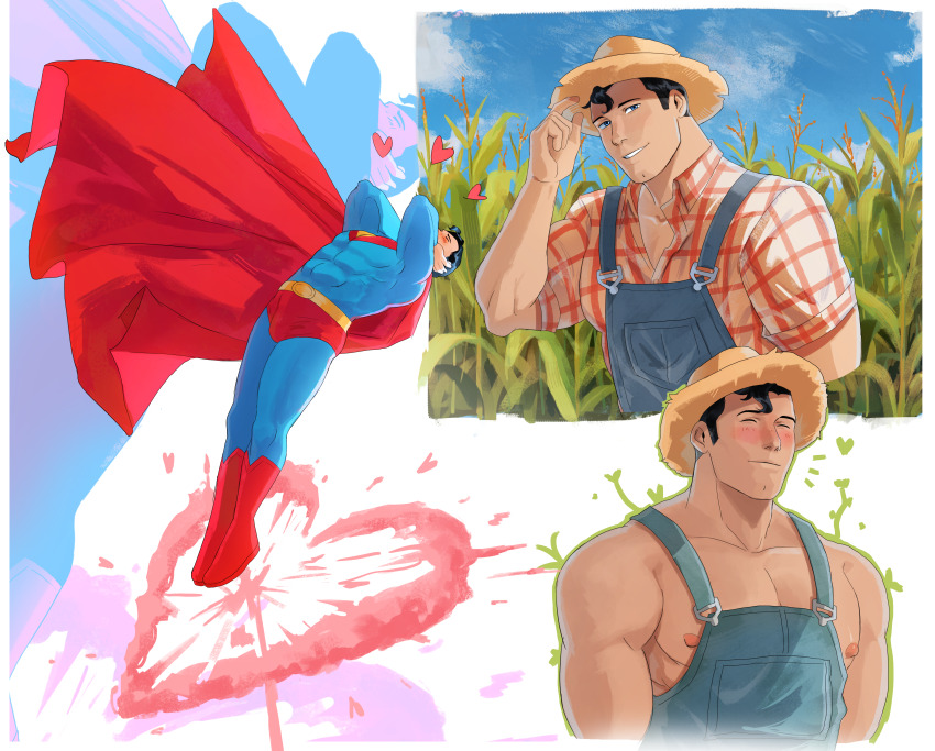 1boy absurdres bara black_hair blue_bodysuit blue_eyes blush bodysuit cape clark_kent closed_eyes cloud collared_shirt day dc_comics farmer haljordanmylove hat heart highres large_pectorals male_focus muscular muscular_male nipples outdoors overalls pectorals plaid_clothes plaid_shirt red_cape red_shirt shirt short_hair sky smile straw_hat superhero_costume superman superman_(series)