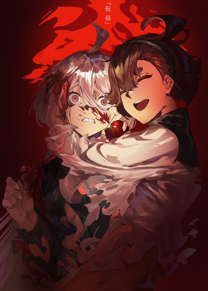 2girls absurdres ahoge blood blood_on_hands food grey_eyes grey_hair gundam gundam_aerial_slap_(meme) gundam_suisei_no_majo highres holding holding_food holding_vegetable hug juice meme miorine_rembran mr_nakedmans multiple_girls red_hair smile suletta_mercury thick_eyebrows tomato tomato_juice torn_clothes torn_sleeves traumatized vegetable wide-eyed