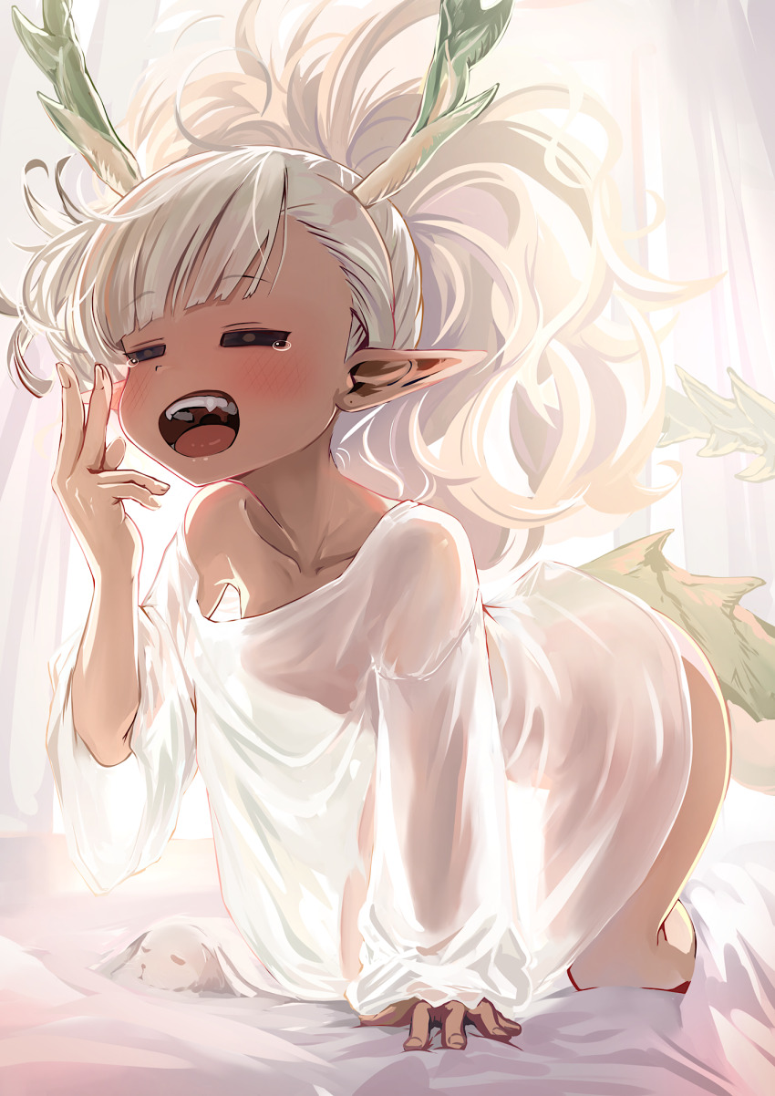 1girl all_fours breasts dragon_girl dragon_horns dragon_tail highres horns indie_virtual_youtuber kajimakoto light_blush long_hair nightgown open_mouth petite pointy_ears ponytail shinrin_mocha small_breasts solo tail virtual_youtuber white_hair white_nightgown white_rabbit_(animal) yawning