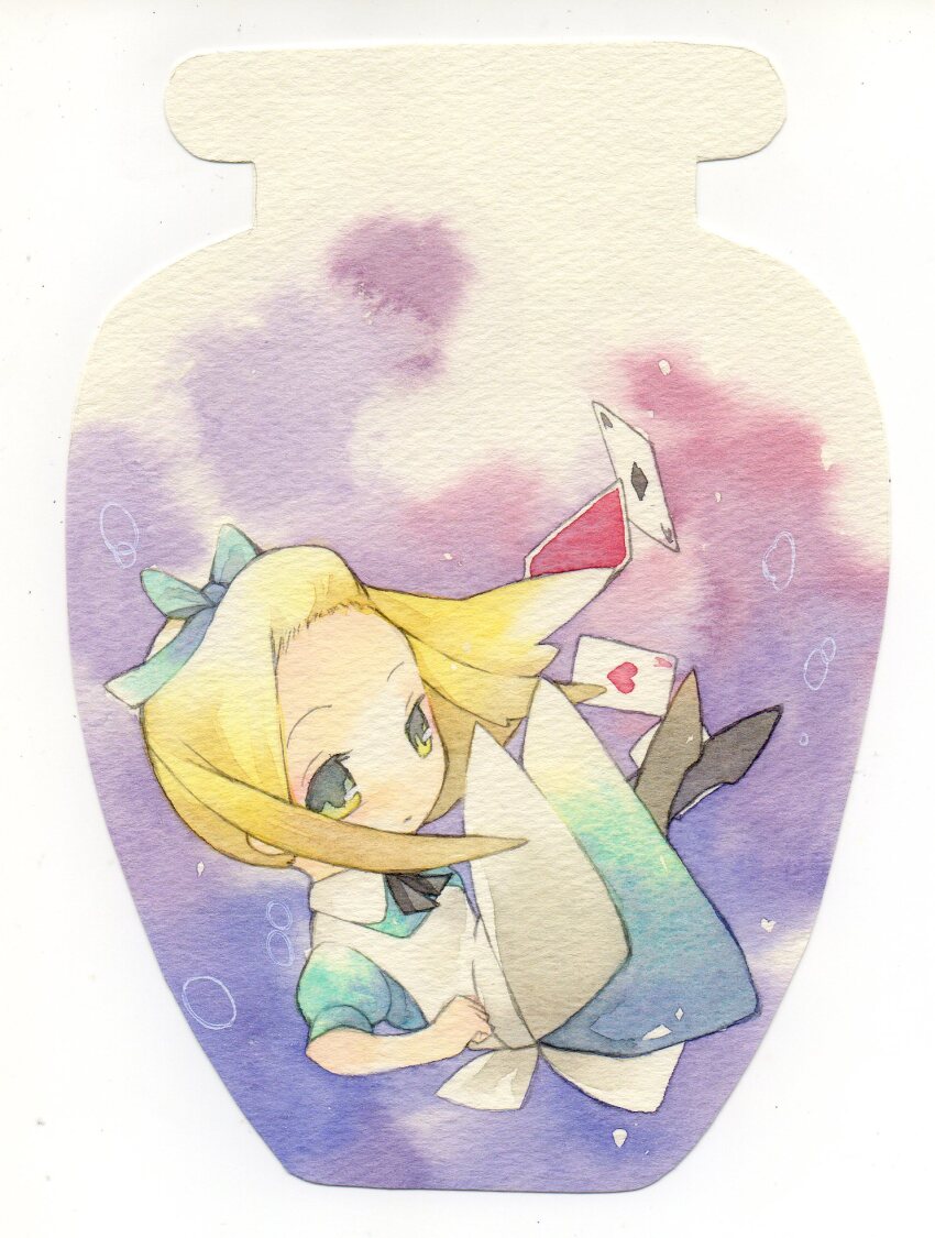 1girl ace_(playing_card) ace_of_hearts ace_of_spades alice&#039;s_adventures_in_wonderland alice_(alice_in_wonderland) apron azkrock black_bow black_shoes blonde_hair blue_dress bottle bow bubble card collar commentary_request disney dress expressionless falling green_eyes hair_bow heart highres looking_at_viewer painting_(medium) playing_card puffy_short_sleeves puffy_sleeves shoes short_sleeves solo spade_(shape) traditional_media watercolor_(medium) white_apron white_collar