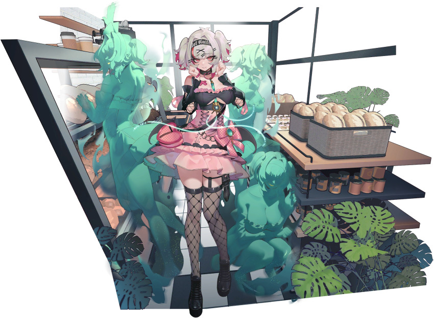 arina_(resonance_solstice) bakery breasts breasts_squeezed_together fishnets grey_hair headband highres lolita_fashion mole mole_under_mouth official_art red_eyes resonance_solstice shop third-party_source