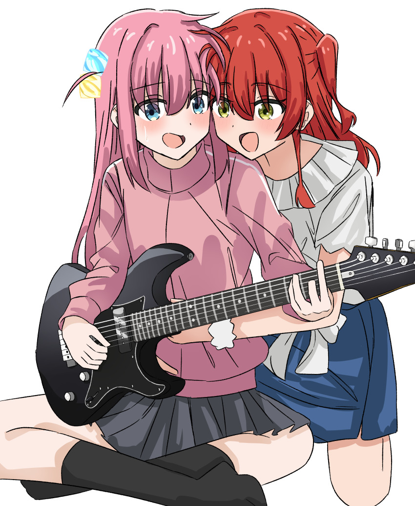 2girls absurdres black_skirt black_socks blue_eyes blue_skirt blush bocchi_the_rock! commentary cube_hair_ornament electric_guitar gotoh_hitori green_eyes guitar hair_ornament highres hug hug_from_behind instrument jacket kita_ikuyo long_hair long_sleeves multiple_girls one_side_up open_mouth pink_hair pink_jacket playing_guitar pleated_skirt red_hair ryoo_0526 scrunchie shirt short_sleeves simple_background skirt socks sweat white_background white_shirt wrist_scrunchie yamaha_pacifica yuri