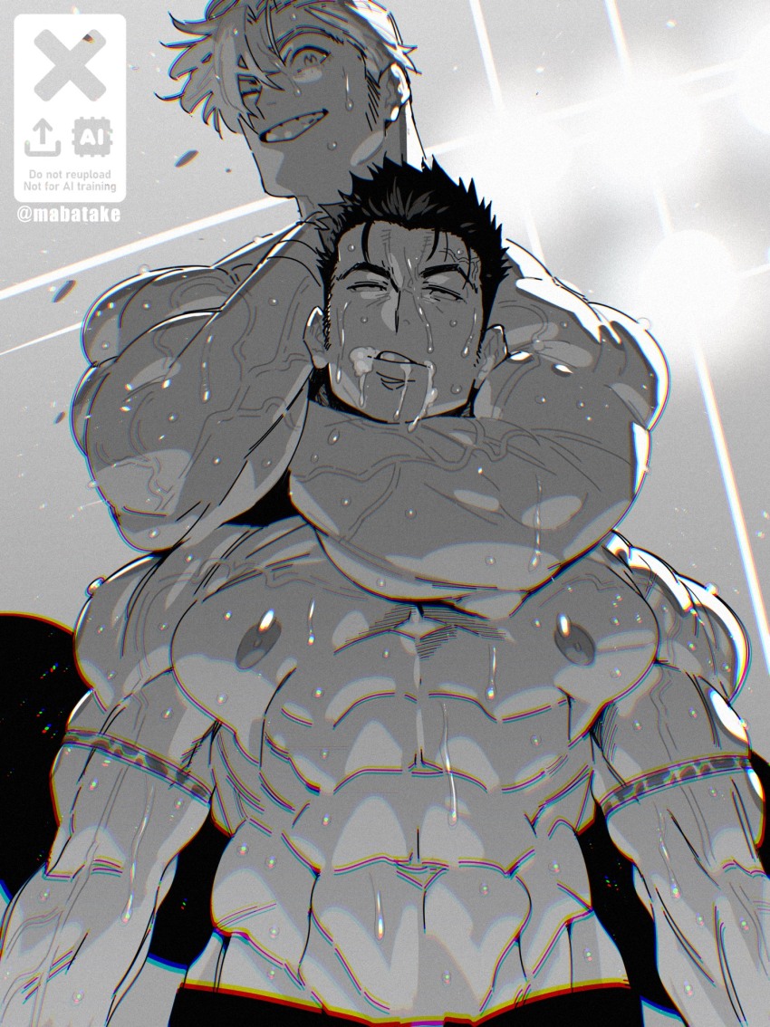 2boys abs ao_isami bara commentary facial_hair greyscale headlock highres lewis_smith mabataki male_focus monochrome multiple_boys muscular muscular_male nipples one_eye_closed pectorals saliva short_hair sideburns_stubble strangling stubble sweat symbol-only_commentary topless_male twitter_username veins veiny_arms wrestling yuuki_bakuhatsu_bang_bravern