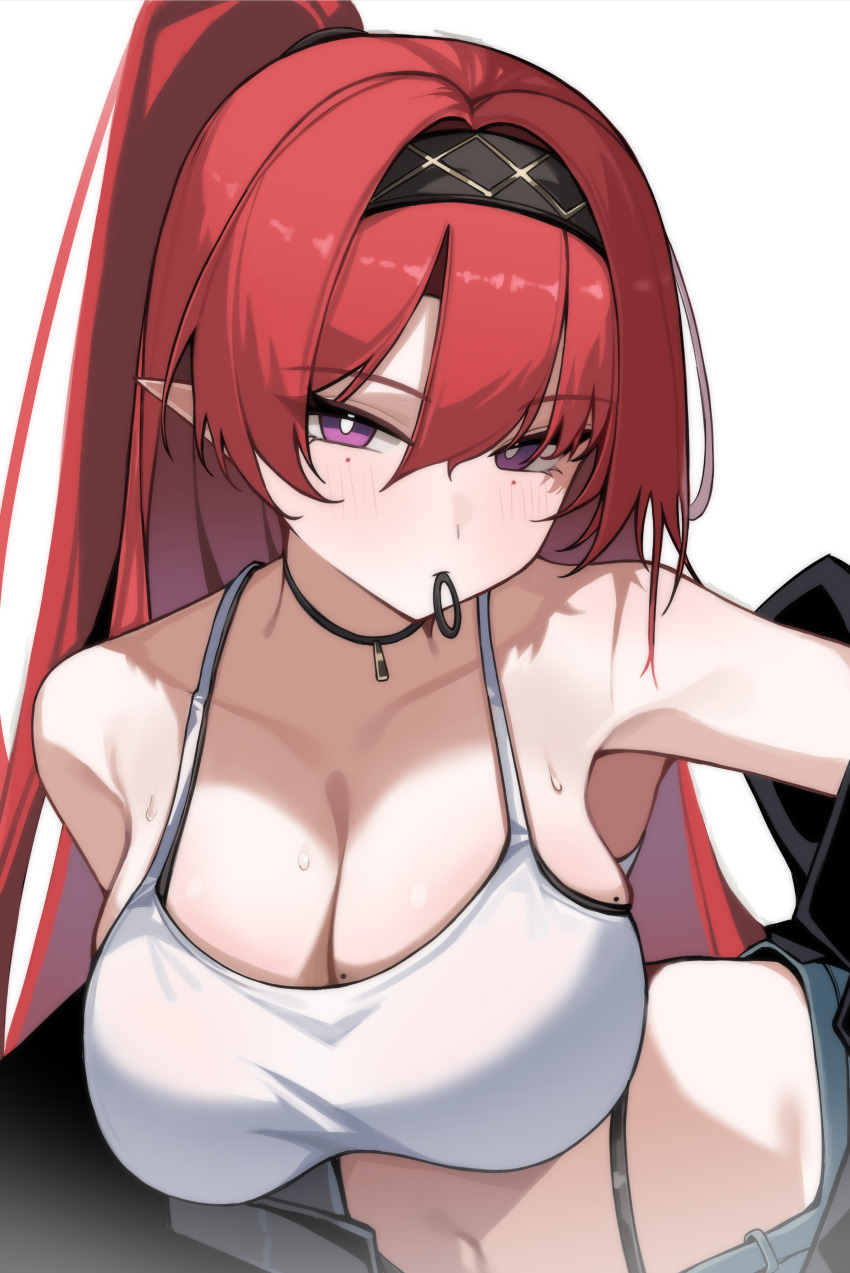 1girl absurdres alternate_costume bare_shoulders black_hairband blush breasts bright_pupils circle_facial_mark cleavage collarbone commentary hair_between_eyes hair_tie_in_mouth hairband highres jewelry large_breasts long_hair mark_under_both_eyes mouth_hold navel necklace oxooxo666 pointy_ears ponytail purple_eyes red_hair solo sports_bra stomach sweat upper_body white_background white_pupils white_sports_bra wuthering_waves yinlin_(wuthering_waves)