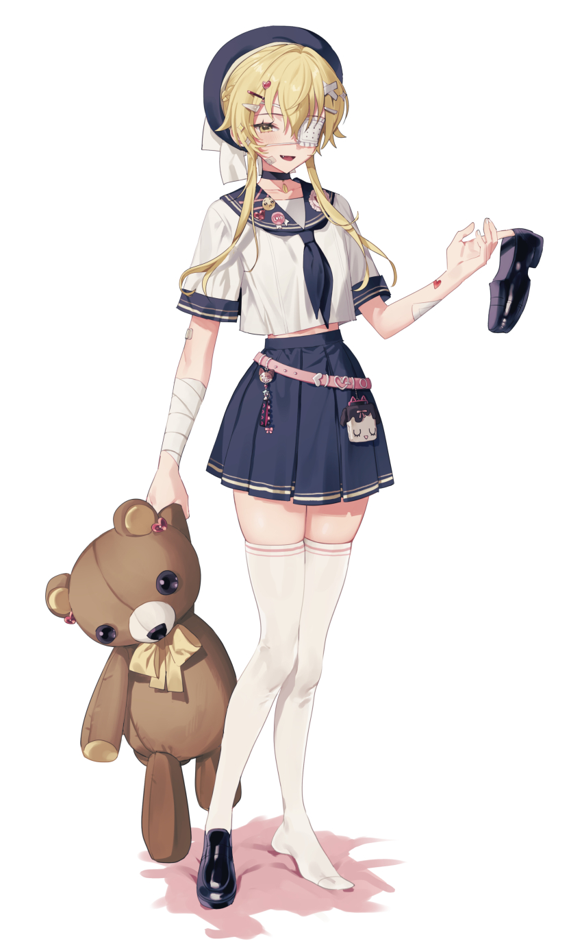 1boy absurdres badge bandaged_arm bandages bandaid bandaid_on_arm bandaid_on_face belt beret black_shoes blonde_hair blue_necktie blush bow braid button_badge cellphone choker coin_(ornament) crossdressing envy_elika_(koyashaka) eyepatch fang hair_between_eyes hair_ornament hairpin hat hat_bow heart highres koyashaka looking_at_viewer male_focus medical_eyepatch midriff multiple_hairpins necktie nintendo_switch one_eye_covered open_mouth original pale_skin phone phone_with_ears pink_belt ribbon sailor_collar school_uniform serafuku shoes short_hair_with_long_locks side_braid skirt smartphone smartphone_case smile solo stuffed_animal stuffed_toy teddy_bear thighhighs trap white_background white_bow x_hair_ornament yellow_eyes