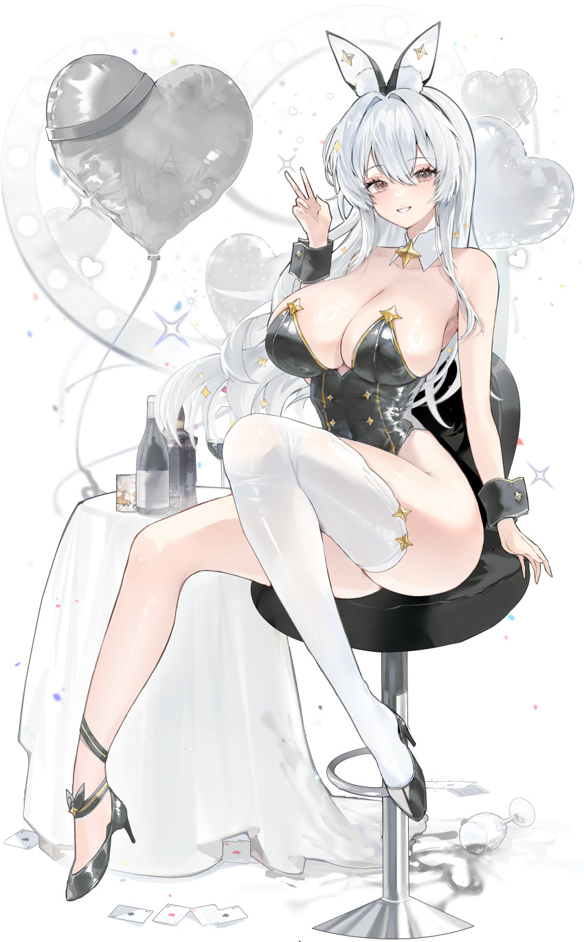 1girl absurdres animal_ears balloon bare_shoulders black_leotard black_shoes breasts brown_eyes chair cleavage commission covered_navel detached_collar fake_animal_ears full_body gold_trim grin gurami_(zangizarang) hand_up heart_balloon high_heels highleg highleg_leotard highres large_breasts leotard long_hair looking_at_viewer original playboy_bunny rabbit_ears shoes single_bare_leg single_thighhigh sitting smile solo strapless strapless_leotard thighhighs thighs v white_hair white_thighhighs wrist_cuffs