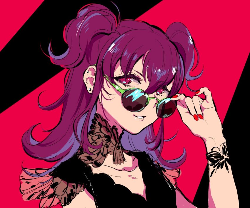 1girl adjusting_eyewear aikatsu! aikatsu!_(series) animal_print arm_tattoo bad_id bad_twitter_id butterfly_print earrings hair_between_eyes hand_on_eyewear hand_up jewelry long_hair looking_at_viewer minowa_hikari nail_polish purple_eyes purple_hair red_nails shiontaso smile solo tattoo two_side_up upper_body