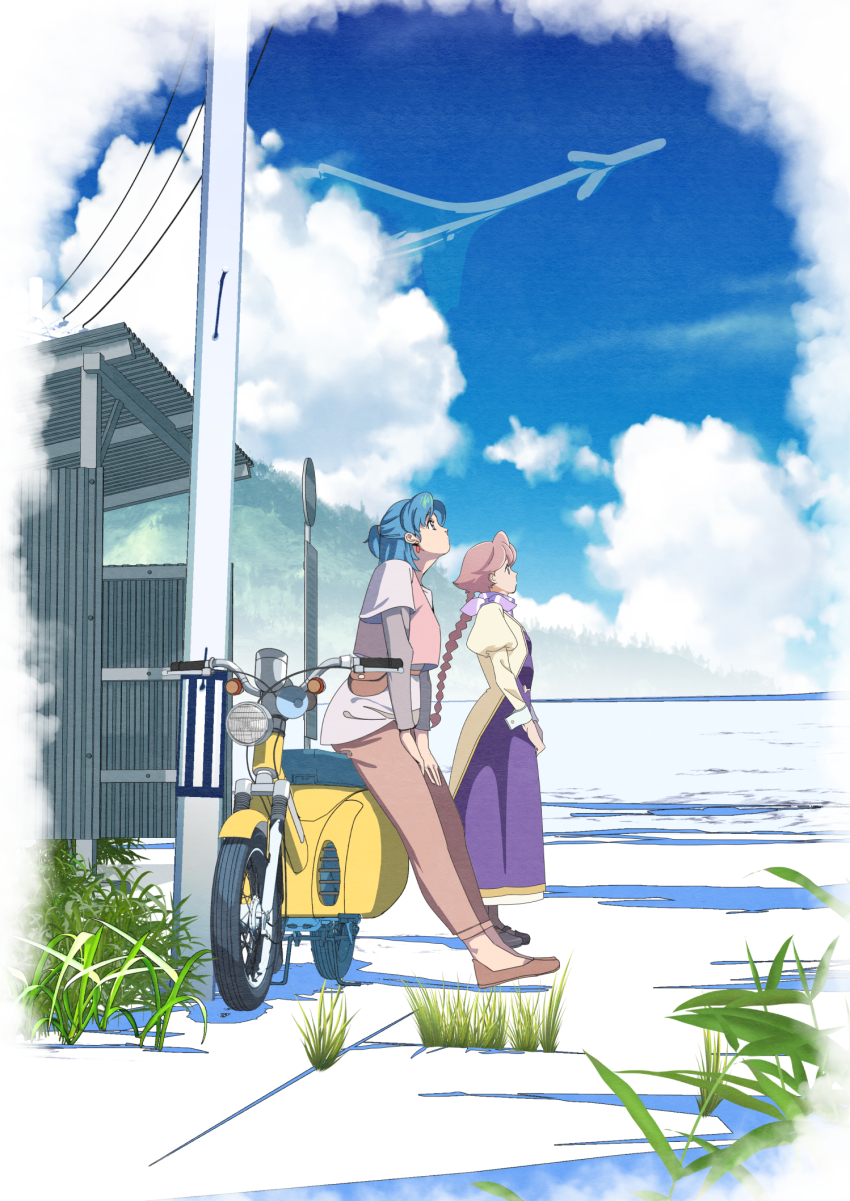 2girls aircraft airplane apocalypse_hotel aqua_hair belt_pouch black_shoes blue_eyes blue_sky braid brown_eyes brown_hair brown_pants brown_shoes bus_stop cloud commentary_request crossover dress edoya_inuhachi grass hands_on_own_thighs hatsuseno_alpha highres horizon jacket juliet_sleeves long_dress long_hair long_sleeves looking_up mary_janes motor_vehicle multiple_girls ocean outdoors pants pink_vest ponytail pouch puffy_sleeves purple_dress road_sign scooter shirt shoes short_hair short_ponytail sign single_braid sitting sky sleeve_cuffs standing very_long_hair vespa vest white_jacket white_shirt yachiyo_(apocalypse_hotel) yokohama_kaidashi_kikou