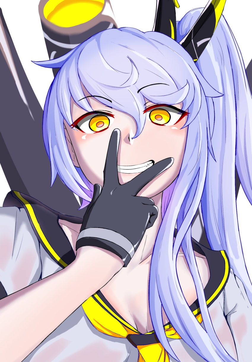 1girl azur_lane black_gloves black_sailor_collar blush gloves grin hair_between_eyes hand_over_face hand_up highres long_hair looking_at_viewer nayutadaze neckerchief ponytail purifier_(azur_lane) purple_hair rigging sailor_collar school_uniform serafuku shirt siren_(azur_lane) smile solo upper_body very_long_hair white_serafuku white_shirt yellow_eyes yellow_neckerchief