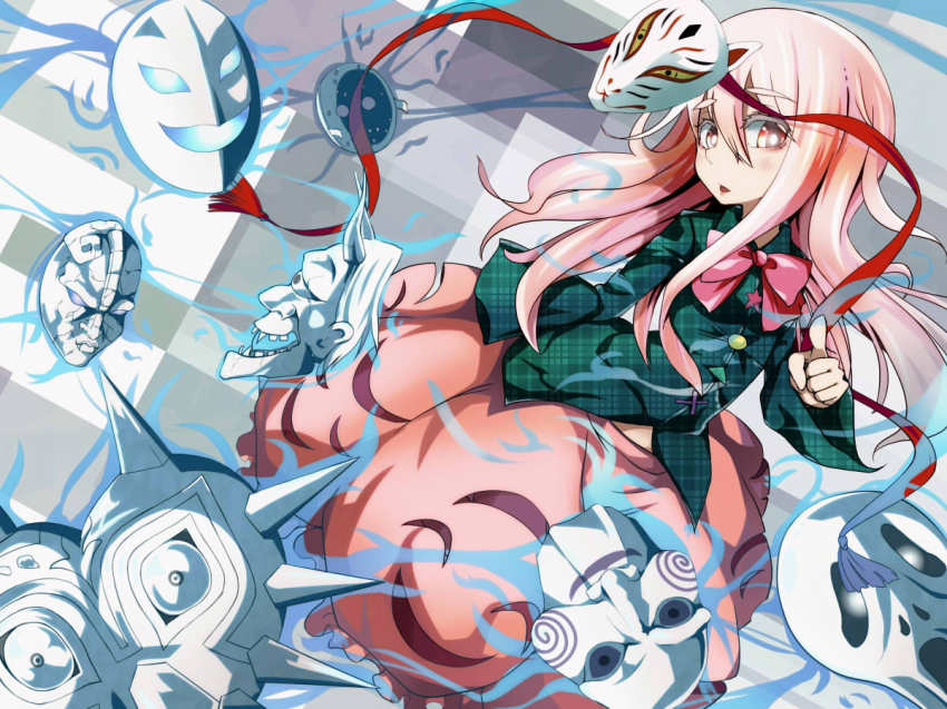 1girl billy_the_puppet expressionless female_focus fox_mask friday_the_13th ghostface hata_no_kokoro hockey_mask jigsaw jojo_no_kimyou_na_bouken long_hair long_sleeves mario_(series) mask monkey_mask nintendo noh_mask oni_mask phanto pink_eyes pink_hair plaid_clothes plaid_shirt sanagi_(diohazard) saw_(movie) scream_(movie) shirt skirt solo stone_mask_(jojo) super_mario_bros._2 the_legend_of_zelda the_legend_of_zelda:_majora&#039;s_mask touhou