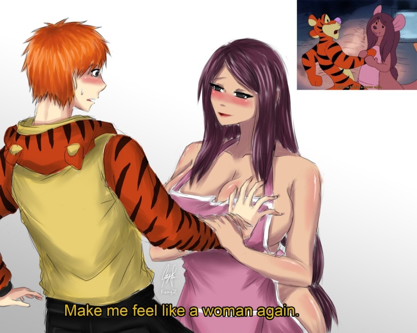 1boy 1girl animal_hood apron artist_name assertive_female bare_arms bare_shoulders blush breasts brown_hair comparison english_text facing_another fajar_ekka_setyawan grabbing_another&#039;s_breast grabbing_another&#039;s_breast gradient_background groping guided_breast_grab guiding_hand hetero highres holding holding_another&#039;s_arm hood huge_breasts humanization jacket kanga large_breasts long_hair looking_at_another mature_female no_bra no_panties nude open_mouth orange_hair pink_apron sexually_suggestive short_hair simple_background sweat tigger very_long_hair white_background winnie_the_pooh