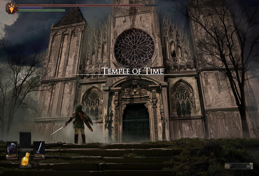 1boy absurdres bare_tree boots building cloud cloudy_sky commentary crossover dark_souls_(series) dark_souls_i english_commentary estus_flask from_behind gameplay_mechanics gazedsoul gloves green_headwear green_shirt heads-up_display health_bar highres holding holding_shield holding_sword holding_weapon hylian_shield link master_sword nintendo scenery shield shirt sky solo stairs standing sword temple temple_of_time the_legend_of_zelda tree triforce_print user_interface weapon