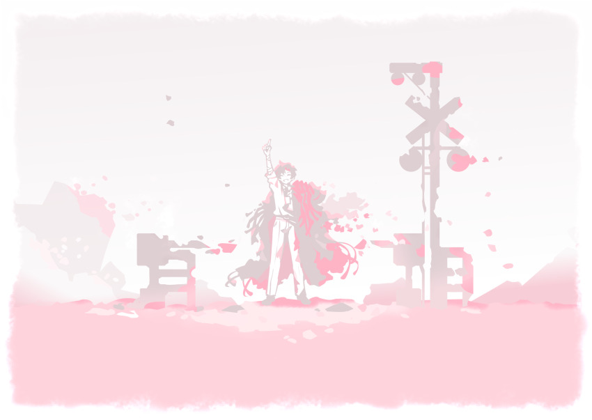 1boy arm_up bandaged_arm bandages blue_archive blue_archive_the_animation commentary_request facing_viewer highres ideolo limited_palette male_focus muted_color open_mouth phrenapates_(blue_archive) pink_background pointing pointing_up railroad_crossing sensei_(blue_archive) sensei_(blue_archive_the_animation) simple_background smile solo standing two-tone_background white_background wide_shot