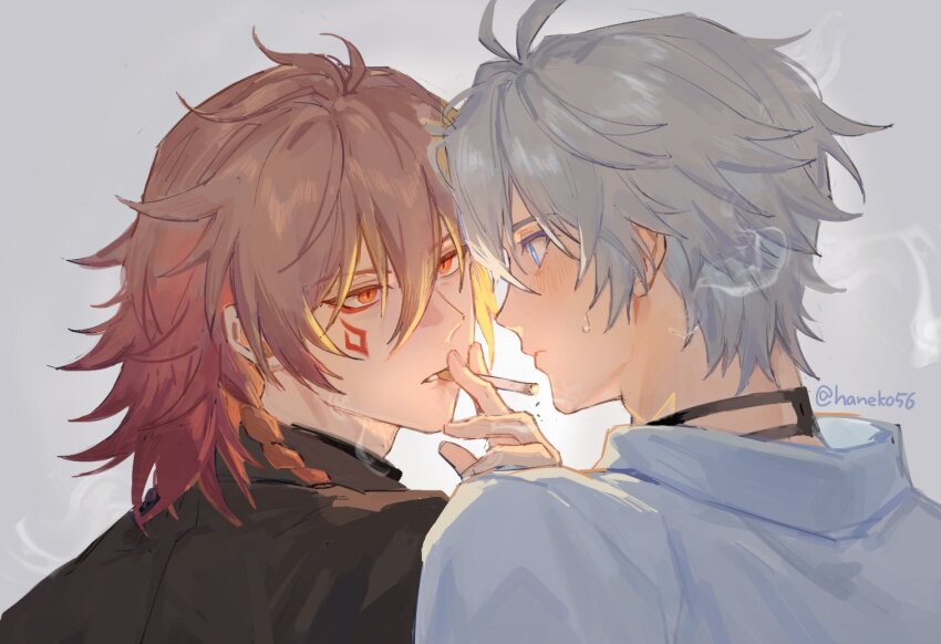 2boys akabane_yu antenna_hair black_choker black_jacket black_shirt blonde_hair blue_eyes braid choker collared_shirt eye_contact facial_tattoo gradient_hair hair_between_eyes honkai:_star_rail honkai_(series) jacket looking_at_another male_focus medium_hair multicolored_hair multiple_boys mydei_(chrysos_chef)_(honkai:_star_rail) mydei_(honkai:_star_rail) official_alternate_costume phainon_(chrysos_chef)_(honkai:_star_rail) phainon_(honkai:_star_rail) red_hair red_tattoo shirt short_hair side_braid simple_background smoke smoke_trail smoking sweatdrop tattoo twitter_username white_background white_hair white_shirt yellow_eyes
