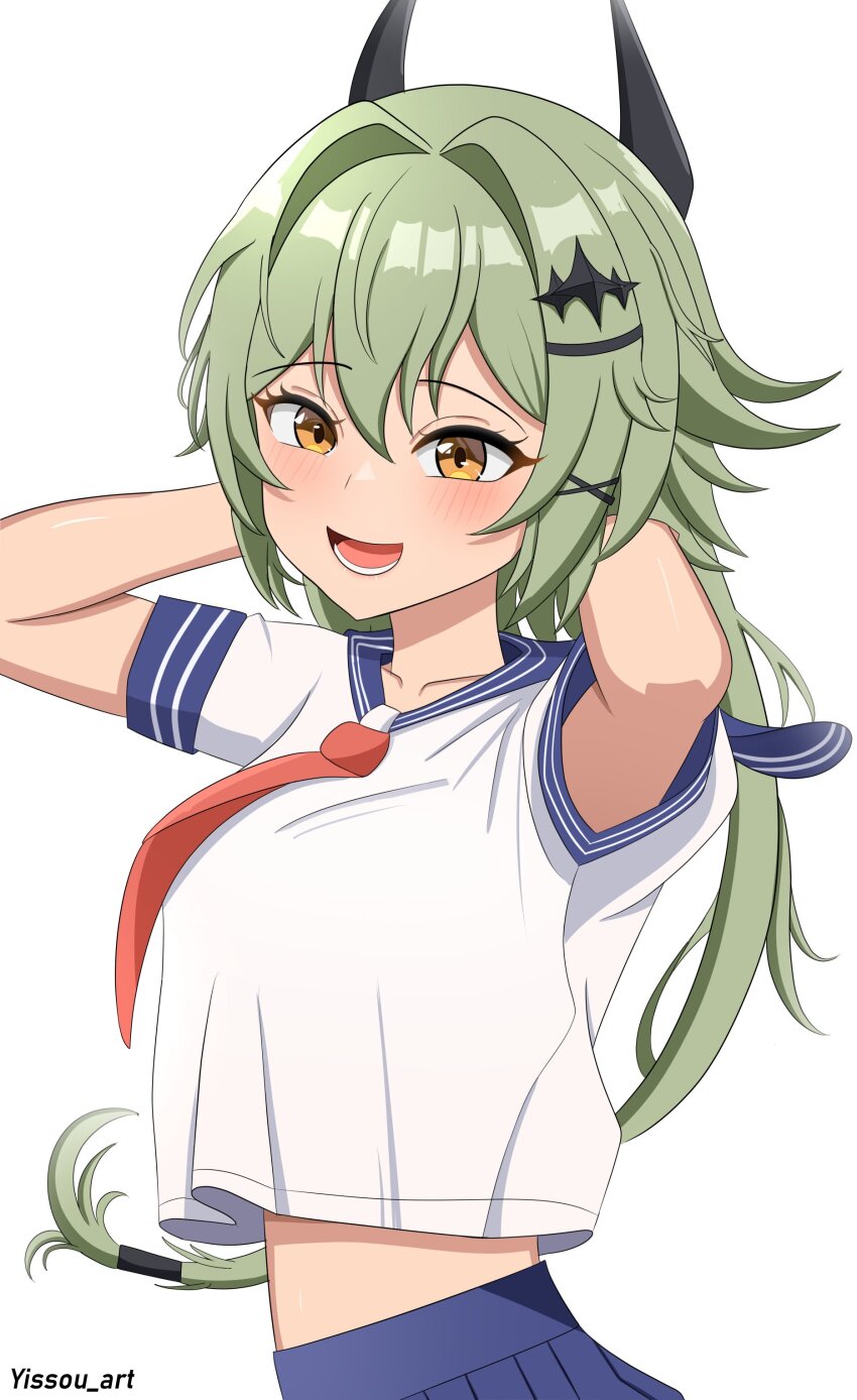 1girl absurdres anime_coloring blush caesar_king_(zenless_zone_zero) highres looking_at_viewer sailor self-upload shirt short_hair skirt smile solo yissou_art zzz
