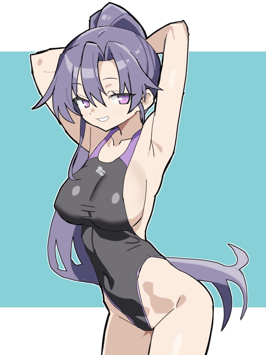 1girl armpits arms_up blush breasts competition_swimsuit goshiki_agiri highleg highleg_one-piece_swimsuit highres kill_me_baby large_breasts long_hair looking_at_viewer matuo3232 one-piece_swimsuit ponytail purple_eyes purple_hair sideboob smile solo swimsuit very_long_hair