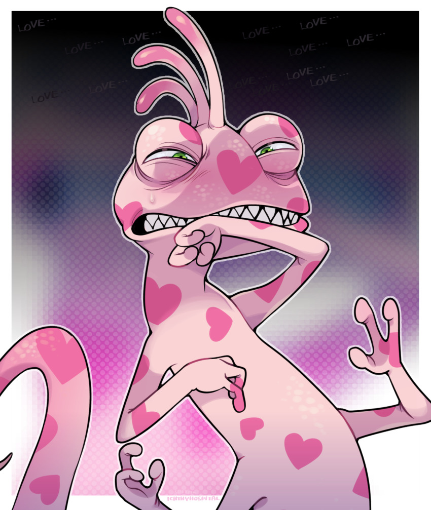 1boy colored_skin extra_legs green_eyes highres ikuchi_osutega lizard_tail male_focus monster monsters_inc. no_humans personification pink_skin randall_boggs reptile_boy sharp_teeth slit_pupils tail teeth upper_body
