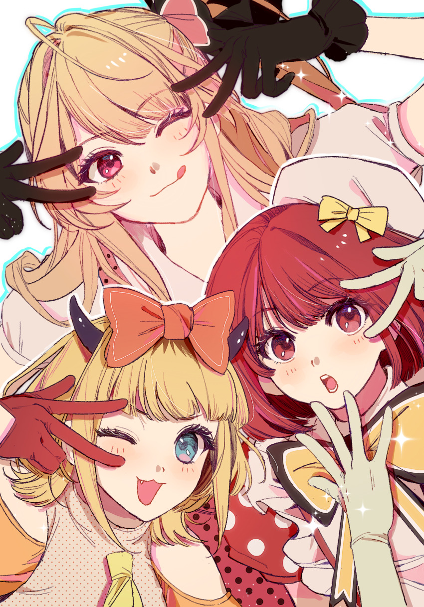 3girls ;q arima_kana b-komachi_(new) black_gloves blonde_hair blue_eyes blush bow fake_horns gloves hair_bow highres horns hoshino_ruby idol looking_at_viewer mem-cho multiple_girls one_eye_closed orange_bow oshi_no_ko red_eyes red_hair shi_xu_jiu_zhou tongue tongue_out v v_over_eye w w_over_eye white_gloves yellow_bow