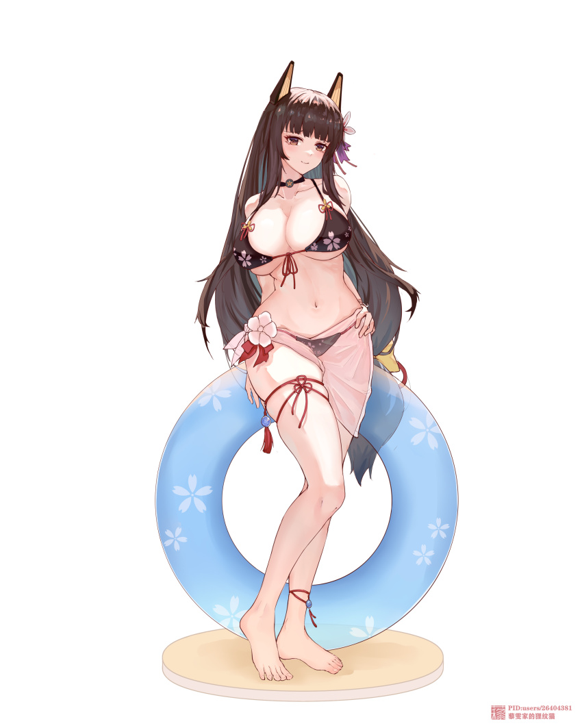 1girl absurdres akagi_(warship_girls_r) alternate_costume black_hair blunt_bangs blush bottle breasts chichengde_haotidu_afusang choko_(cup) collarbone cup flower hair_flower hair_ornament highres japanese_clothes kimono large_breasts long_hair looking_at_viewer onsen red_eyes sitting smile solo swim_ring tokkuri warship_girls_r water watermark weibo_watermark wide_sleeves