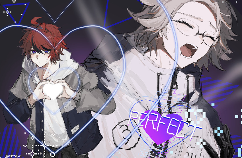 2boys ahoge aotsuki_eito black_gloves black_pants blue_eyes blue_jacket breast_pocket bucchigiri?! closed_eyes drawstring english_text gameplay_mechanics glasses gloves grey_background grey_hair grey_jacket heart heart_hands heart_in_heart_hands highres hood hoodie jacket looking_at_viewer love_je_t&#039;aime male_focus multicolored_hair multicolored_jacket multiple_boys pain pants pocket red_hair short_hair signature simple_background sparrowhabird streaked_hair sumino_takumi sweat sweatdrop the_hundred_line_-last_defense_academy- two-tone_jacket white_hoodie white_jacket yaoi