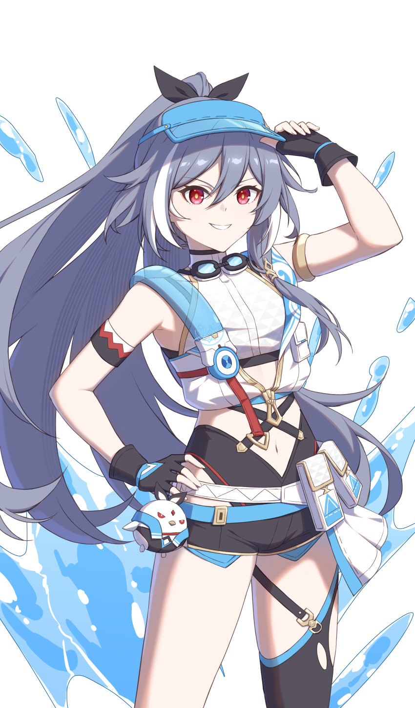 1girl absurdres armband armlet black_gloves black_ribbon black_shorts black_thighhighs blue_visor blush breasts character_charm charm_(object) commentary_request fingerless_gloves gloves goggles goggles_around_neck grey_hair hair_between_eyes hair_ribbon herrscher_of_sentience herrscher_of_sentience_(ooh!_summer!) highres honkai_(series) honkai_impact_3rd jewelry jingwei_(bird) long_hair looking_at_viewer luyue multicolored_hair navel official_alternate_costume parted_lips ponytail red_eyes ribbon short_shorts shorts simple_background single_thighhigh small_breasts smile solo streaked_hair thighhighs thighs very_long_hair visor_cap white_background yellow_pupils