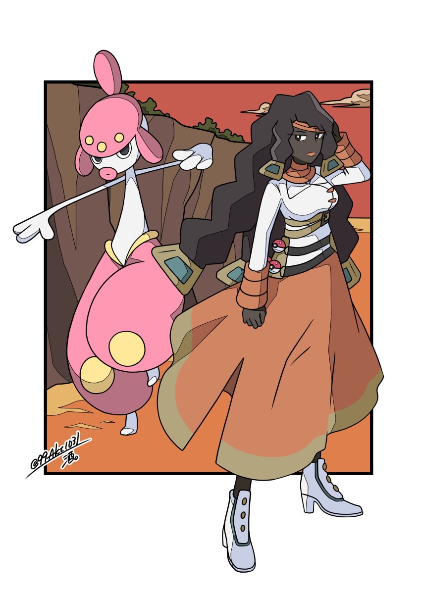 1girl 99akt1031 absurdres black_socks boots border breasts chalce_(pokemon) clenched_hand cloud dark-skinned_female dark_skin gen_3_pokemon hand_up high_heel_boots high_heels highres long_hair long_sleeves medicham nintendo outdoors poke_ball poke_ball_(basic) pokemon pokemon_(anime) pokemon_(creature) pokemon_horizons shirt skirt sky socks strap twitter_username white_border white_footwear white_shirt