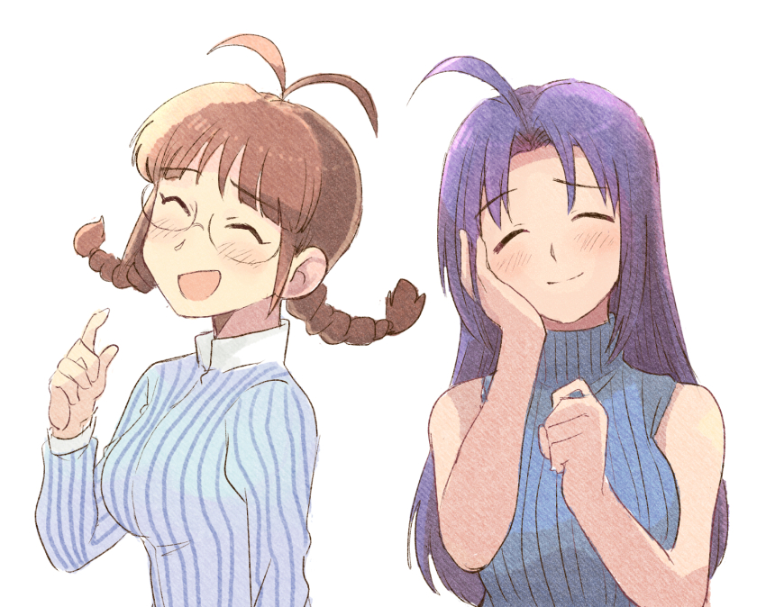 2girls ahoge akizuki_ritsuko antenna_hair blue_hair blue_sweater blush braid brown_hair closed_eyes closed_mouth facing_viewer glasses hand_on_own_face hand_up highres idolmaster idolmaster_(classic) idolmaster_1 long_hair long_sleeves miura_azusa multiple_girls open_mouth ribbed_sweater semi-rimless_eyewear shirt simple_background sleeveless sleeveless_sweater smile striped_clothes striped_shirt sweater tsubobot turtleneck turtleneck_sweater twin_braids under-rim_eyewear upper_body vertical-striped_clothes vertical-striped_shirt white_background