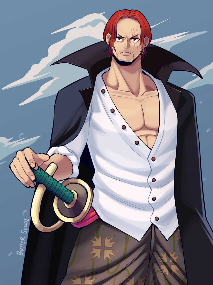 1boy abs black_cape butter_sugoi cape collarbone commentary cowboy_shot english_commentary facial_hair frown goatee_stubble highres male_focus one_piece partially_unbuttoned pectoral_cleavage pectorals red_hair scar scar_across_eye scar_on_face shanks_(one_piece) signature sleeves_rolled_up solo stubble sword toned toned_male weapon