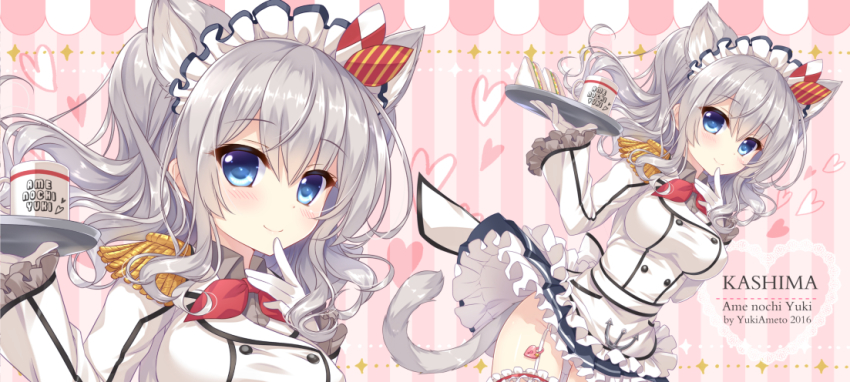 10s 1girl alternate_costume ameto_yuki animal_ears artist_name blue_eyes blush breasts buttons cat_ears cat_tail character_name cup enmaided epaulettes female_focus food frilled_sleeves frills garter_straps gloves hair_ornament heart heart-shaped_lock heart_lock heart_lock_(kantai_collection) jacket kantai_collection kashima_(kancolle) kemonomimi_mode kerchief large_breasts lock long_hair looking_at_viewer maid maid_headdress military military_uniform miniskirt mug pleated_skirt ribbon sandwich sidelocks silver_hair skirt smile solo tail thigh_gap thighhighs thighs tray tsurime twintails wavy_hair white_gloves wind wind_lift