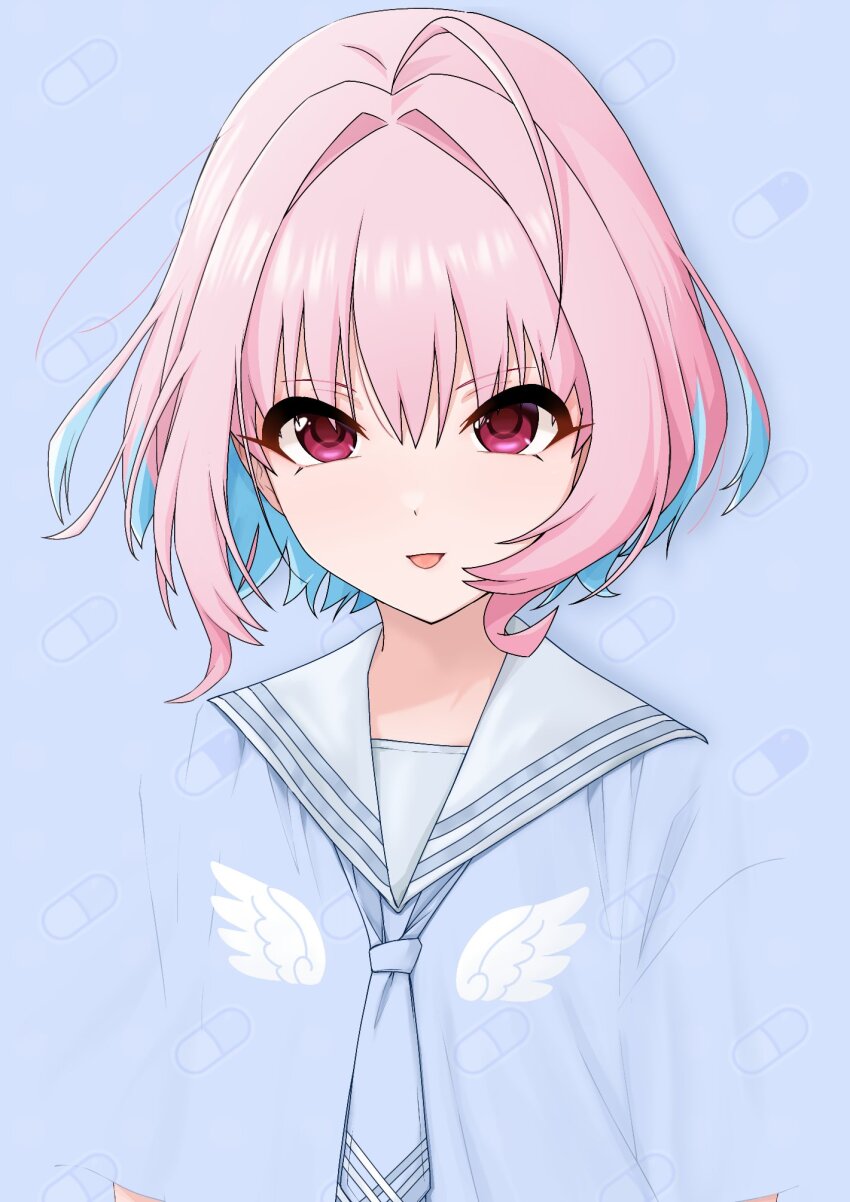 1girl ahoge angel_wings blue_background blue_hair dot_nose hair_intakes highres idolmaster idolmaster_cinderella_girls kakki_(kackie) looking_at_viewer multicolored_hair necktie pill_background pink_eyes pink_hair sailor_collar short_hair smile solo two-tone_hair upper_body wing_print wings yumemi_riamu
