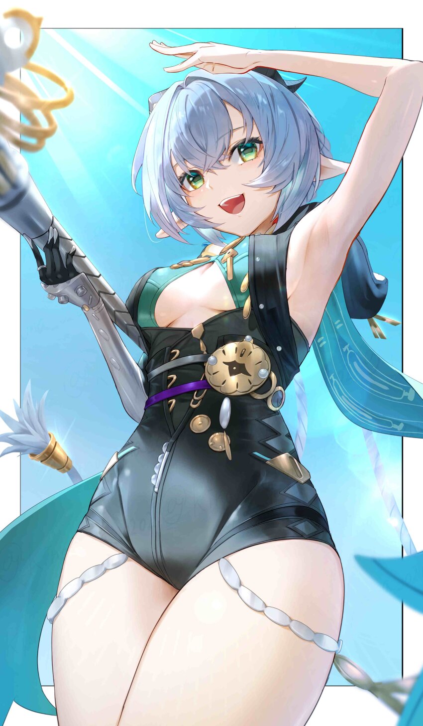 1girl absurdres animal_ears arm_up armpits black_horns black_unitard blue_background blue_hair border braid breasts commentary_request cowboy_shot crossed_bangs goat_ears goat_girl goat_horns green_eyes hair_between_eyes highres holding holding_staff horizontal_pupils horns kinoyama_(0202) long_hair lucia_elowen medallion medium_breasts open_mouth pointy_ears sideboob single_sleeve solo staff twin_braids underboob white_border zenless_zone_zero