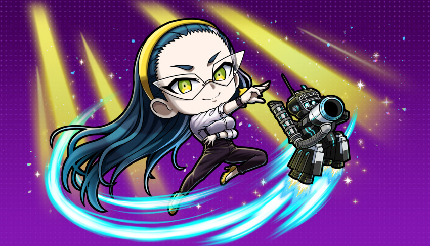 1girl black_pants blue_hair chibi chibi_only full_body green_eyes hairband high_heels highres long_hair looking_at_viewer non-web_source official_art ooi_minami outstretched_arm pants purple_background robot shirt shoes short_eyebrows smile solo suspenders tribe_nine white_shirt yellow_hairband yellow_shoes
