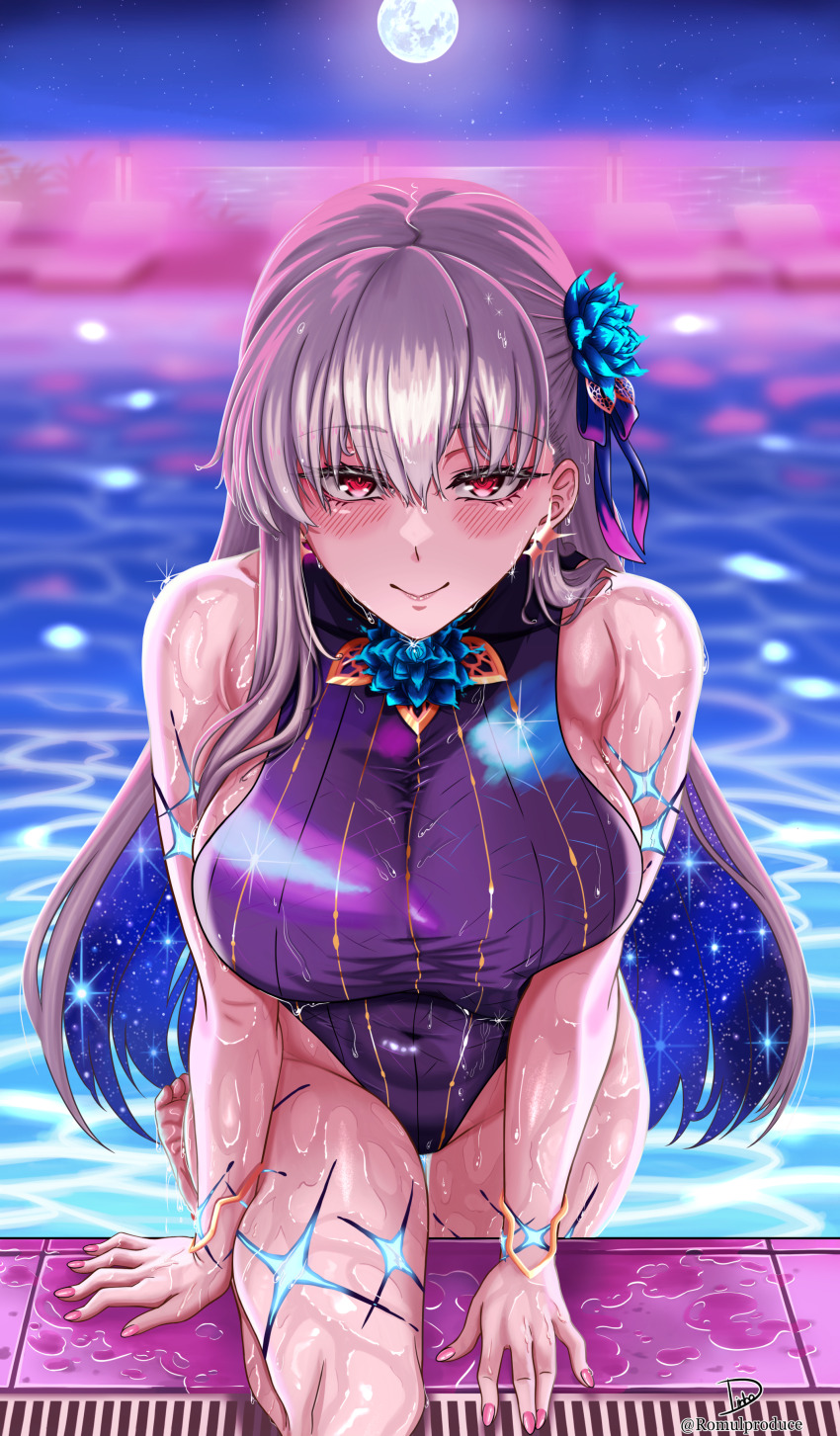 1girl absurdres bare_shoulders blue_hair blush body_markings bracelet breasts competition_swimsuit earrings fate/grand_order fate_(series) flower hair_flower hair_ornament hair_ribbon highleg highleg_one-piece_swimsuit highres jewelry kama_(fate) kama_(swimsuit_avenger)_(third_ascension)_(fate) large_breasts long_hair looking_at_viewer lotus lotus_hair_ornament metal_bracelet moon multicolored_hair navel one-piece_swimsuit pool red_eyes ribbon romulproduce sleeveless sleeveless_turtleneck smile solo star_(symbol) star_earrings starry_hair swimsuit thighs turtleneck turtleneck_one-piece_swimsuit two-tone_hair white_hair