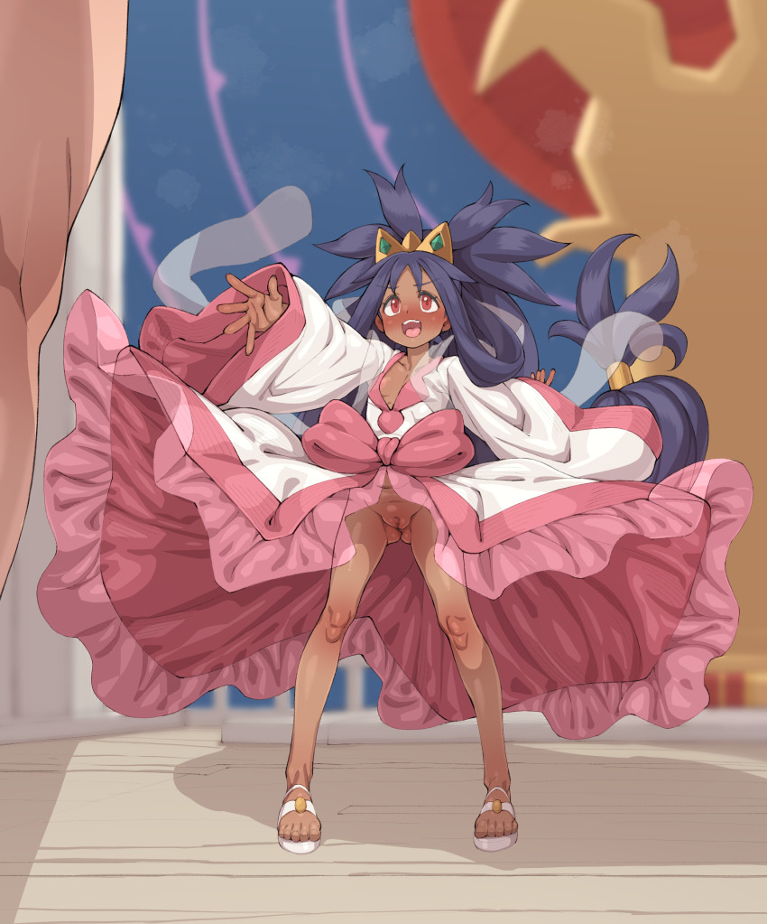 1boy 1girl black_hair blurry blurry_background blush breasts cleft_of_venus crown dark-skinned_female dark_skin dress gluteal_fold highres iris_(pokemon) loli long_hair long_sleeves nintendo no_panties open_mouth pokemon pokemon_bw2 pussy red_eyes sandals small_breasts solo_focus standing teeth tenako_(mugu77) toes upper_teeth_only very_long_hair white_dress white_sandals