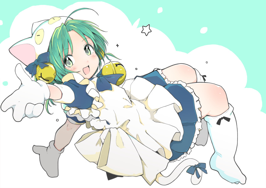 1girl :d ahoge animal_hat apron back_bow bell black_ribbon blue_bow blue_bowtie blue_dress bow bowtie cat_girl cat_hat cat_tail commentary_request dejiko di_gi_charat dress footwear_ribbon full_body green_eyes green_hair hair_bell hair_bow hair_ornament hat highres jingle_bell kinomoto_(nazonoinu) looking_at_viewer medium_hair mittens neck_bell open_mouth parted_bangs paw_shoes petticoat puffy_short_sleeves puffy_sleeves ribbon shoes short_sleeves smile solo tail tail_bow tail_ornament two_side_up white_apron white_bow white_hat white_mittens white_shoes